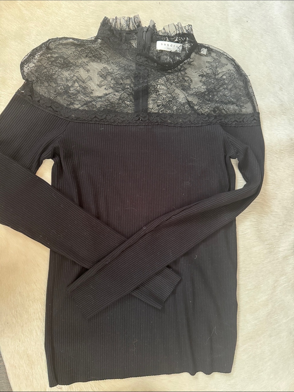Sandro Black Ribbed Long Sleeve Top with Lace Yoke